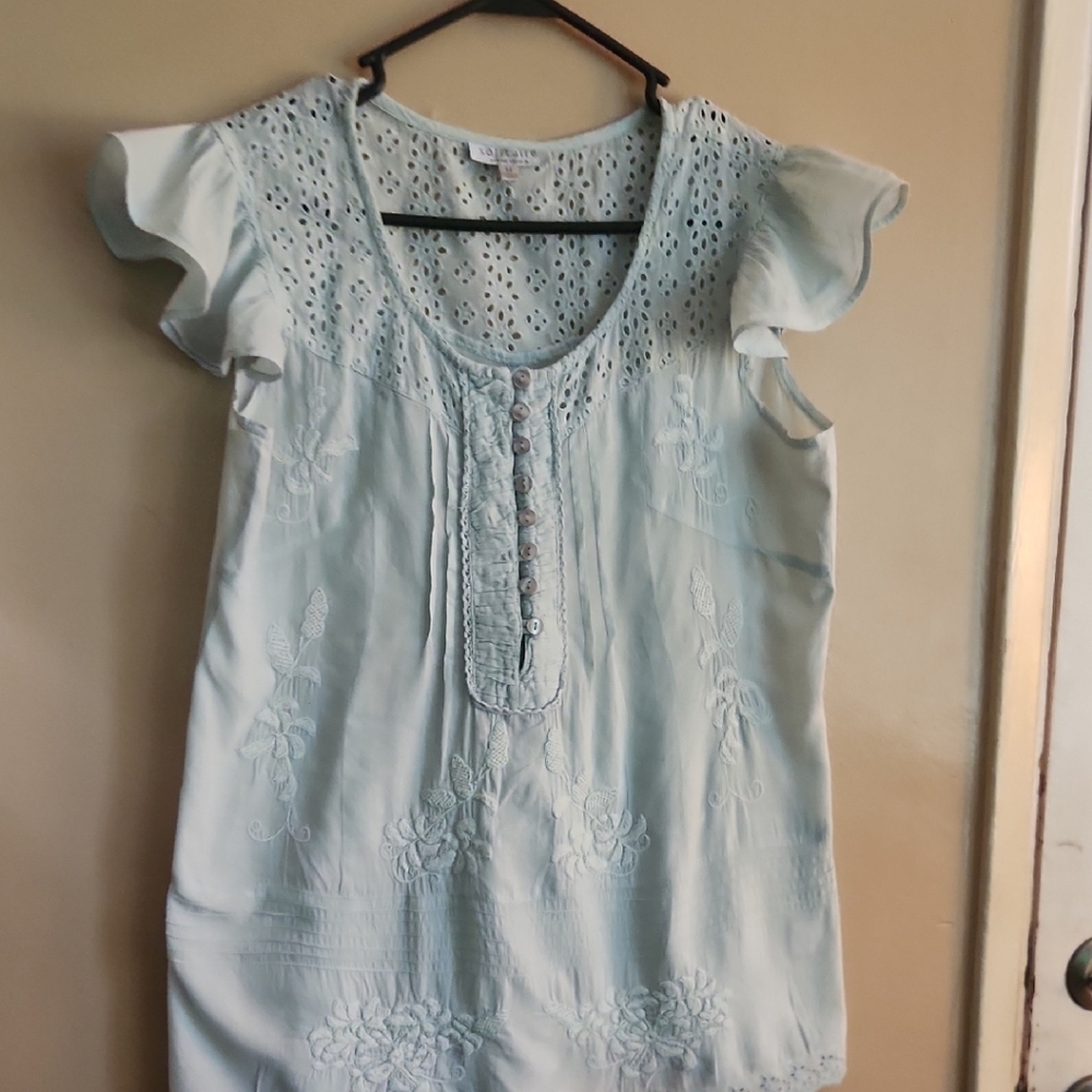 Solitaire Blue and Green Ruffled Flutter Sleeve Blouse